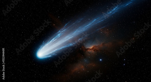 A close-up of a comet streaking through space, its icy tail illuminated by starlight