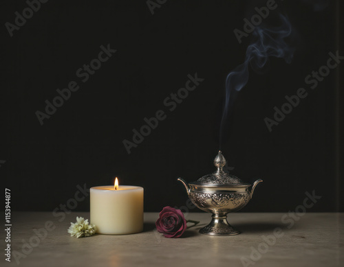 キャンドルと香炉のあるリラクゼーションと祈りのイメージ画像 フラワー 供花 セレモニー 
 Image of relaxation and prayer with candles and incense burner Flowers Offerings Ceremony Altar photo