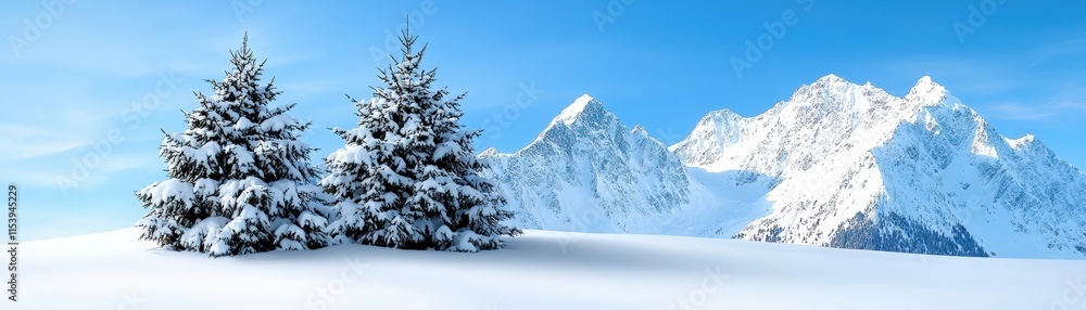 Snowy Landscape with Pine Trees and Majestic Mountain Range under Clear Blue Sky Snowy Landscape with Pine Trees and Majestic Mountain Range under Clear Blue Sky