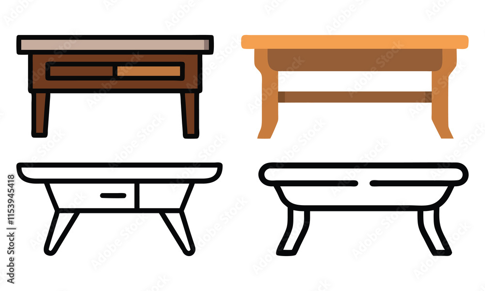 Coffee Table Illustrations in Various Styles, Set of four coffee table illustrations in colorful and line art styles, showcasing diverse designs for furniture and interior decor themes.
Coffee Table Illustrations in Various Styles, Set of four coffee table illustrations in colorful and line art styles, showcasing diverse designs for furniture and interior decor themes.