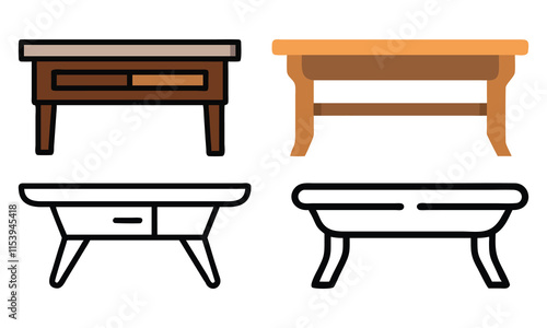 Coffee Table Illustrations in Various Styles, Set of four coffee table illustrations in colorful and line art styles, showcasing diverse designs for furniture and interior decor themes.

