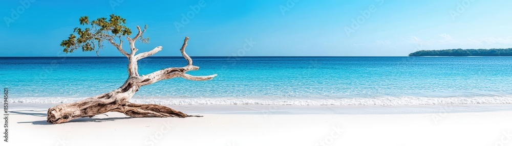 Serene Beach Landscape with Driftwood and Crystal Clear Blue Water Under Bright Sky Serene Beach Landscape with Driftwood and Crystal Clear Blue Water Under Bright Sky
