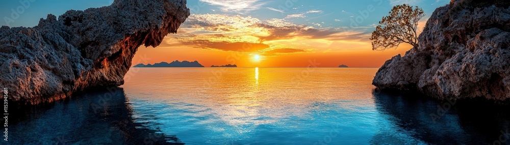 Serene Sunset over Calm Waters with Rocky Coastline and Distant Islands in Vibrant Colors Serene Sunset over Calm Waters with Rocky Coastline and Distant Islands in Vibrant Colors