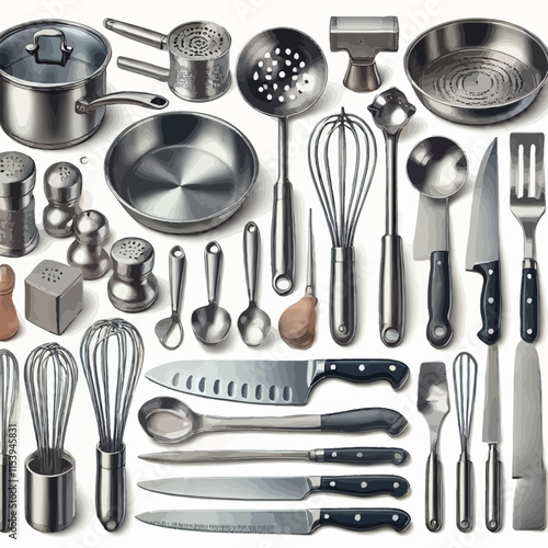 Realistic Kitchen stainless steel tools Set illustration