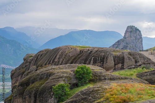 Beautiful view of the bizarrely shaped mountains. Mountain landscape with rocks of Meteora monasteries in Greece photo