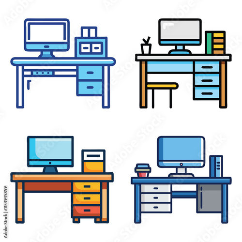 Colorful Workspace Desk and Computer Illustrations, Set of four colorful illustrations of desks with computers and office supplies, perfect for workplace, productivity, or office design themes.
