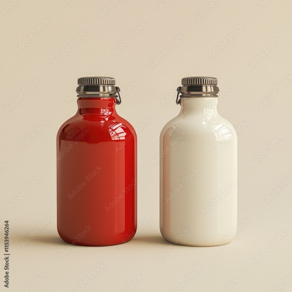 Two bottles of different colors, one red and one white Two bottles of different colors, one red and one white