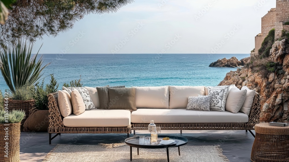 A stylish outdoor lounge area overlooking the serene ocean. A stylish outdoor lounge area overlooking the serene ocean.