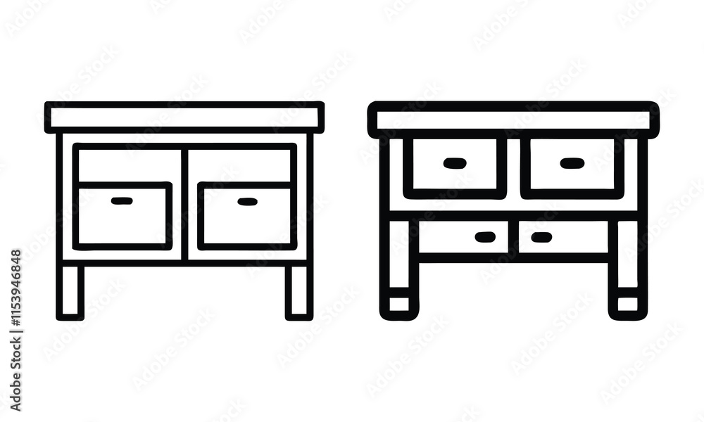 Black and White Drawer Cabinet Line Art, Set of two black-and-white drawer cabinet illustrations in line art style, ideal for furniture design, decor concepts, or icons.
Black and White Drawer Cabinet Line Art, Set of two black-and-white drawer cabinet illustrations in line art style, ideal for furniture design, decor concepts, or icons.