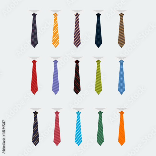 Collection of Stylish Neckties in Various Colors and Patterns Displayed Vertically