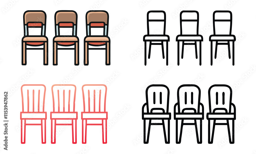Chair Design Set in Color, Line Art, and Gradient, Vector illustration of four chair sets, featuring colorful, black-and-white line art, and gradient styles, showcasing modern and classic seating desi Chair Design Set in Color, Line Art, and Gradient, Vector illustration of four chair sets, featuring colorful, black-and-white line art, and gradient styles, showcasing modern and classic seating desi