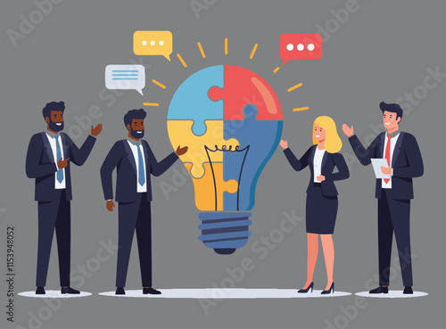 Business team brainstorming concept in vector flat style. Abstract illustration of a diverse group of people seated at a desk, engaged in a discussion with a light bulb made of puzzle pieces.