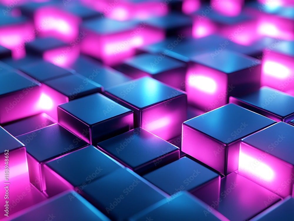 A dynamic 3D rendering of glowing cubes in a repeating pattern, lit in magenta and cyan. A dynamic 3D rendering of glowing cubes in a repeating pattern, lit in magenta and cyan.