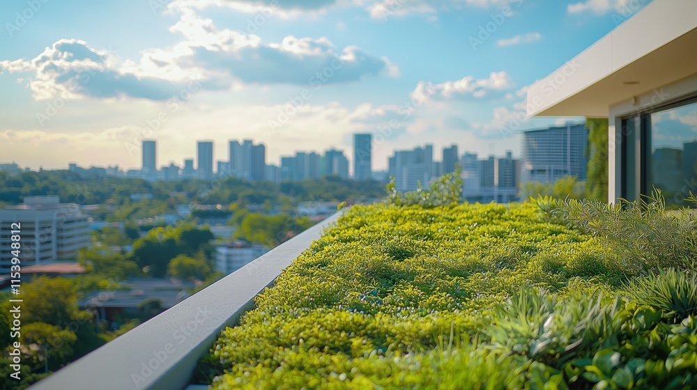 Fototapeta premium Lush Green Rooftop Garden with City Skyline Under Blue Sky
