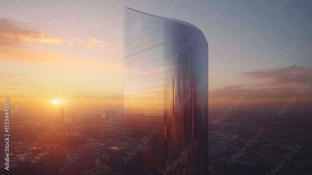 Modern skyscraper at sunset with vibrant reflections and skyline Modern skyscraper at sunset with vibrant reflections and skyline