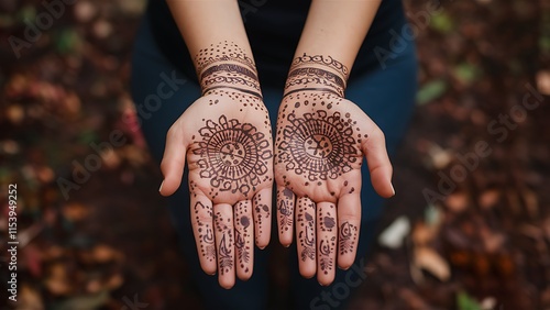 Closeup of hands adorned with intricate henna mehndi designs. Circular patterns and bands decorate palms and wrists. Dark brown henna paste creates detailed artwork.