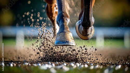 Close up view of a powerful racehorse s hooves kicking up a cloud of dust as it gallops at high speed during an intense competition or race  The image captures the energy force photo