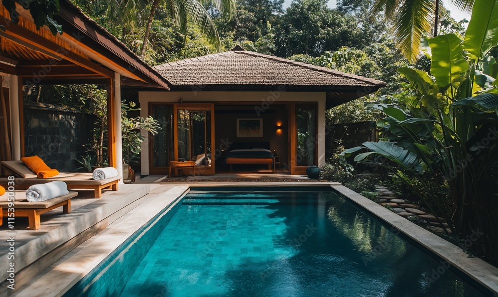 Fototapeta premium Serene villa with a pool surrounded by lush greenery and tropical plants.