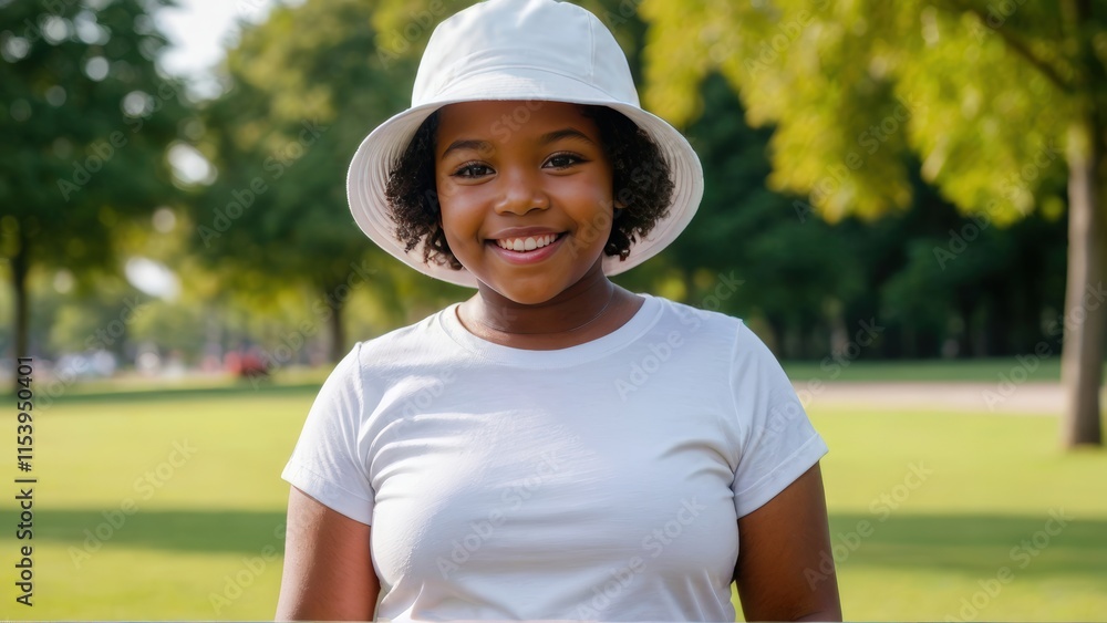 Little black girl with short hair wearing white t-shirt and white bucket hat standing in the park Little black girl with short hair wearing white t-shirt and white bucket hat standing in the park