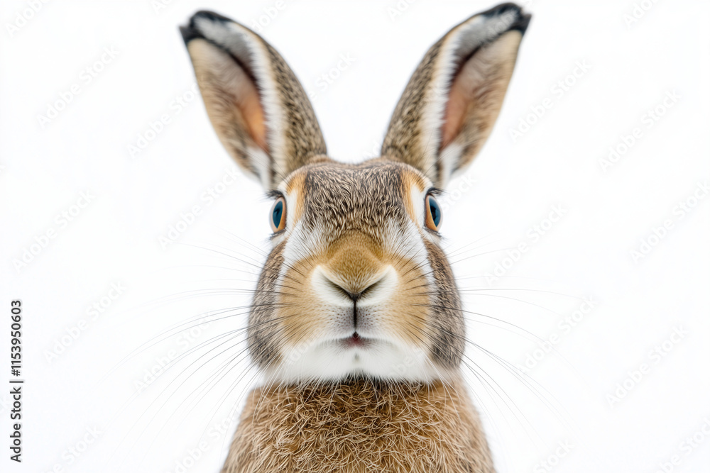 Obraz premium Portrait of brown rabbit isolated on white background, Selective focus hare on white background.
