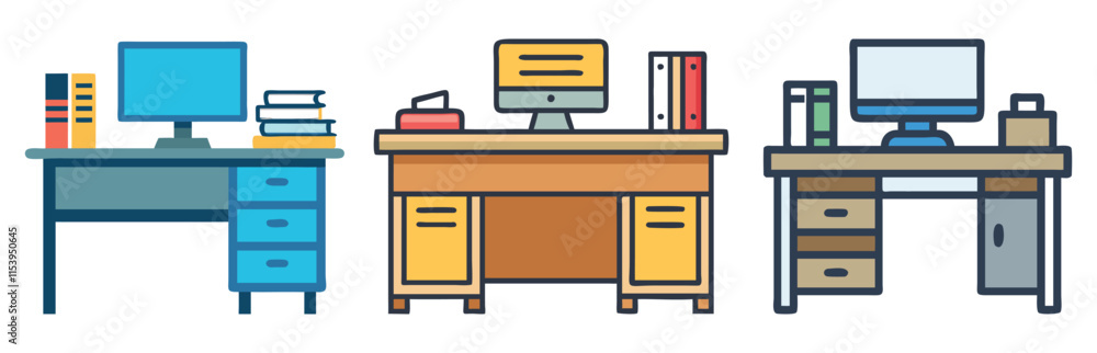 Office Desk Set with Computers and Accessories, Vector illustration of three office desk setups featuring computers, books, and storage, showcasing organized and functional workstation designs.
Office Desk Set with Computers and Accessories, Vector illustration of three office desk setups featuring computers, books, and storage, showcasing organized and functional workstation designs.