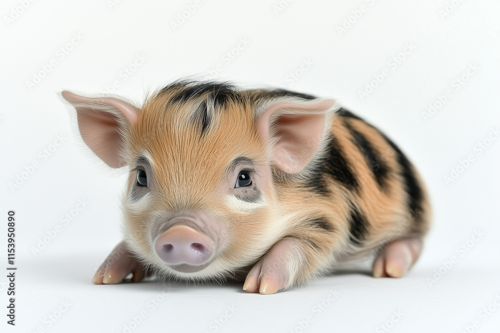 Fototapeta premium Portrait of micro pig isolated on white background, Selective focus hand holding brown fur mini pig on white.