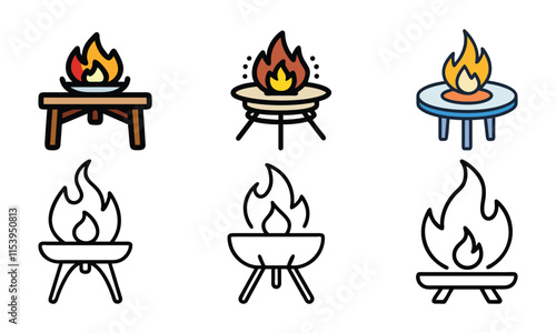 Fire Pit Design Set in Color and Line Art, Vector illustration featuring six fire pit designs, showcasing a mix of vibrant colors and black-and-white line art styles for outdoor decor concepts.
