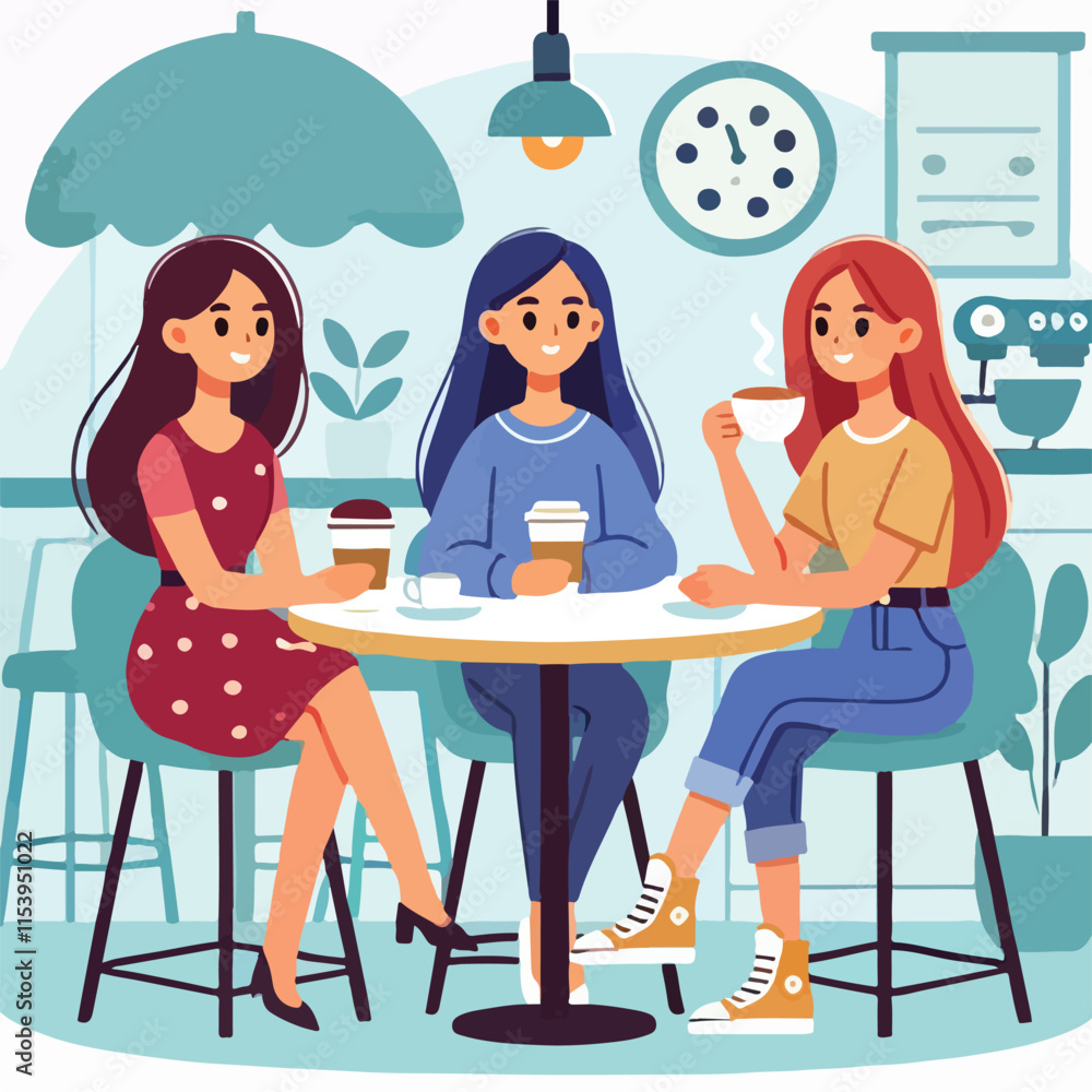 Flat young girl friends in cafe on meeting vector image vector on a white background Flat young girl friends in cafe on meeting vector image vector on a white background