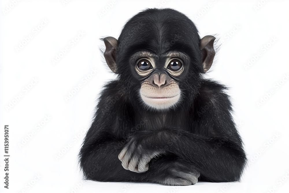 Fototapeta premium Portrait of baby chimpanzee with black hair isolated on white background, Selective focus smile monkey on white.