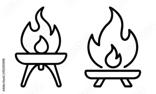 Line Art Fire Bowl Designs Illustration, Black and white line art illustration of two fire bowls with flames, showcasing simple and modern designs for outdoor heating concepts.
