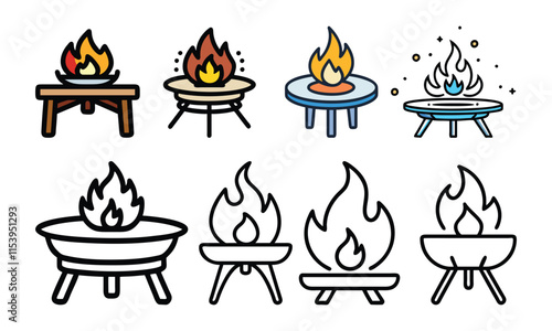 Fire Pit Designs in Color and Line Art, Vector illustration of eight fire pit designs, combining colorful and black-and-white line art styles, ideal for outdoor and patio concepts.
