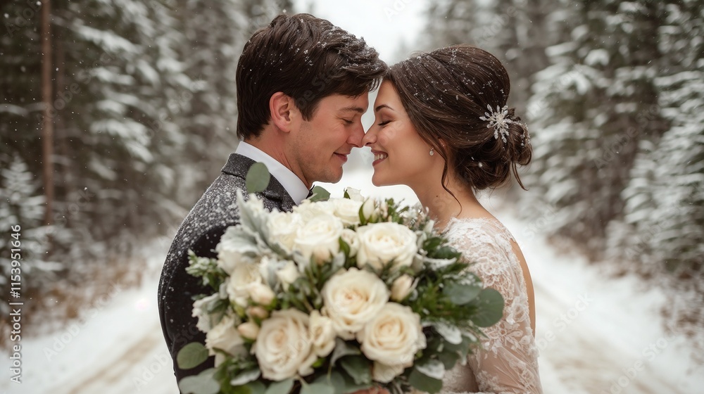 Winter wedding couple smiling in snowy forest