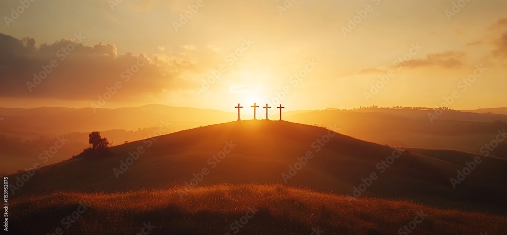 Three crosses on a hill at sunset, symbolizing faith and reflection. Three crosses on a hill at sunset, symbolizing faith and reflection.