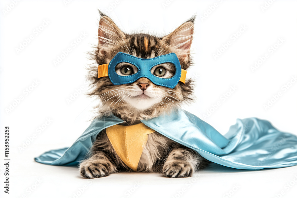 Obraz premium Selective focus heroic cat with hero cape and mask isolated on white background, Elegant sit cat with hero costume for commercial advertisement, Portrait of cat with hero posture for pet food ad.