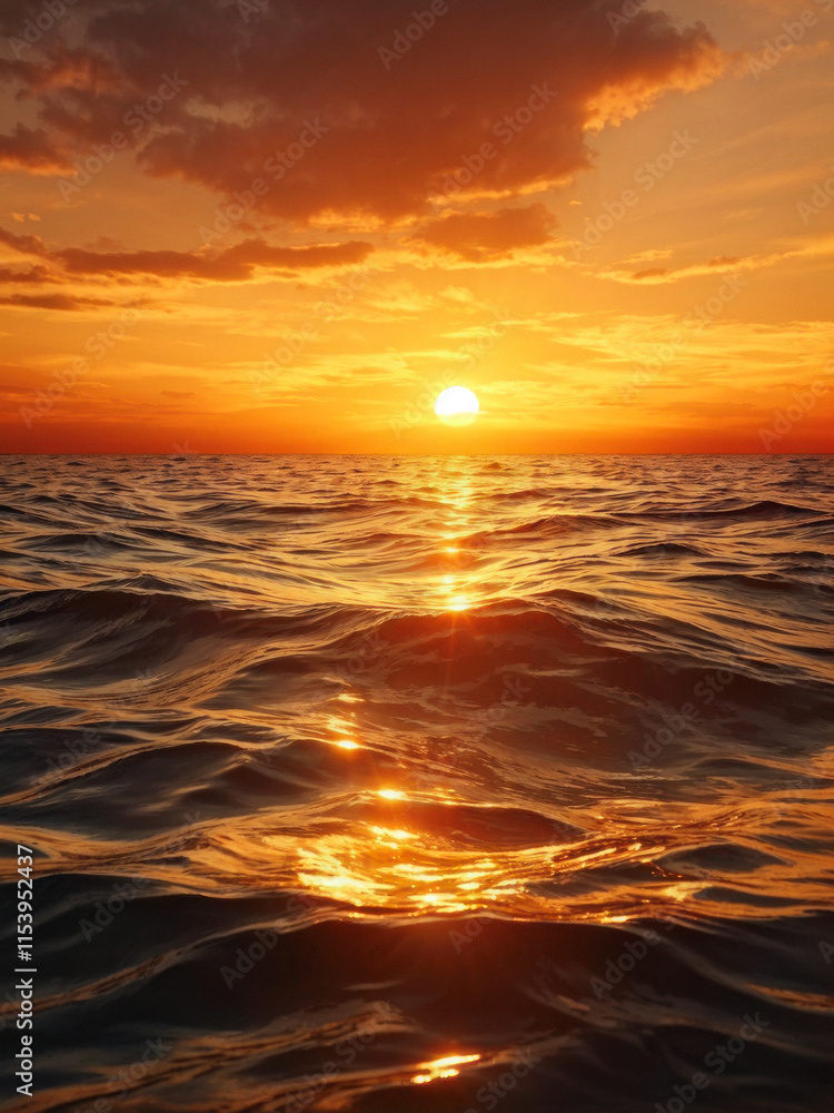 Fototapeta premium Golden ripples on the ocean surface during a breathtaking sunset, with warm orange tones illuminating the water. Generative AI