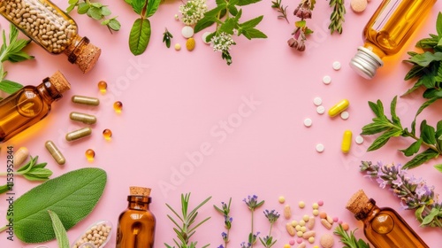 The image shows an assortment of natural elements and capsules arranged around the edges of a pink background photo