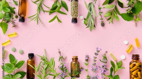 The image shows an assortment of natural elements and capsules arranged around the edges of a pink background photo