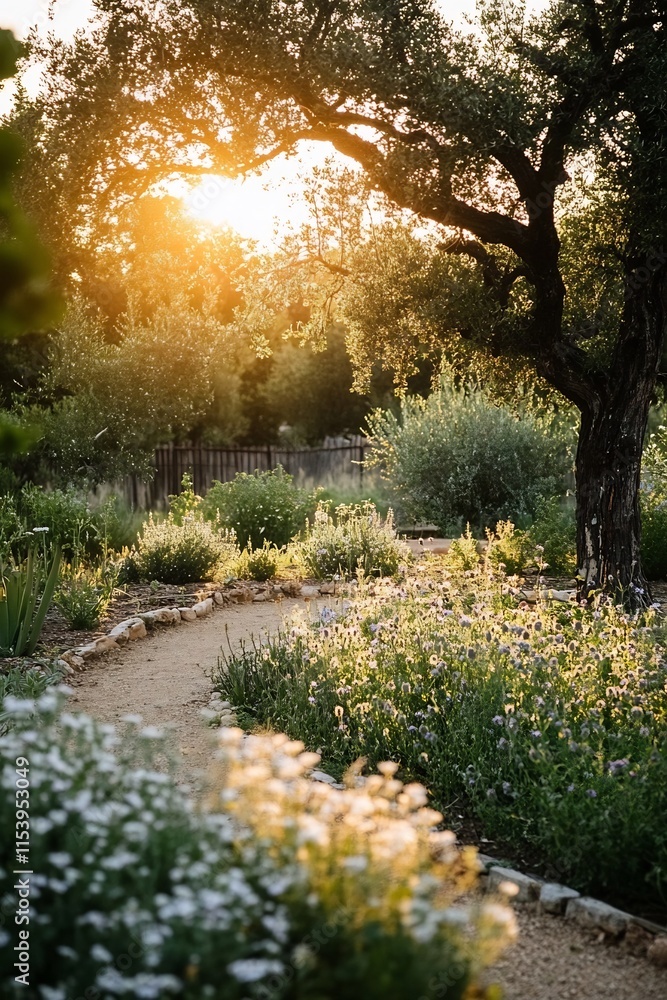 Obraz premium Enchanting Sunset Garden Path Framed by Lush Foliage and Blooming Florals
