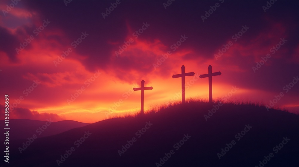 Three silhouetted crosses on a hill against a vibrant sunset sky. Three silhouetted crosses on a hill against a vibrant sunset sky.