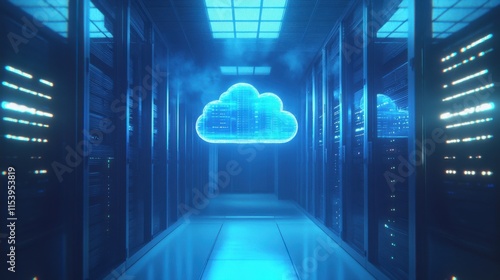 Data center con nube digital iluminada