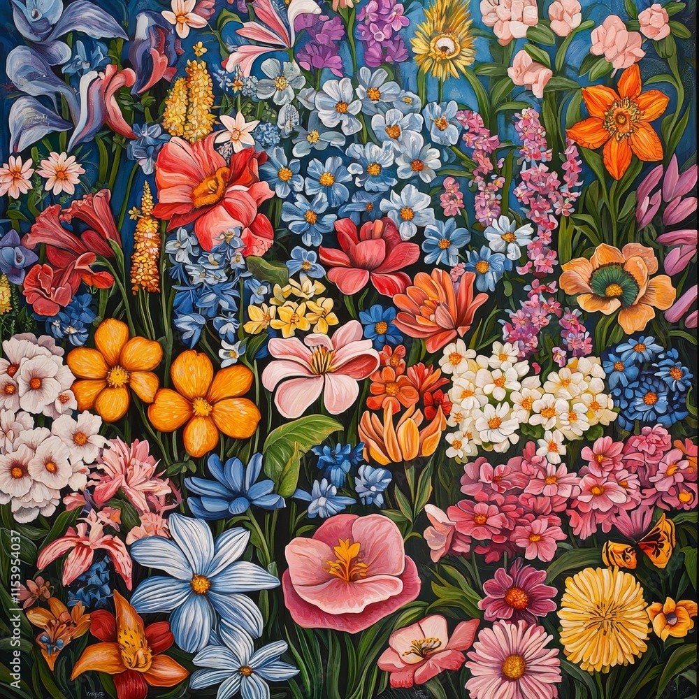 Fototapeta premium Vibrant Display of a Variety of Flowers Showcasing an Explosion of Colors in a Lush Garden Setting