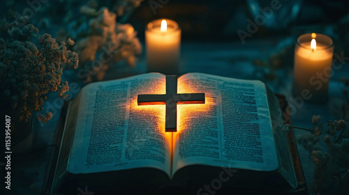 Glowing christian cross in the middle of an open book bible on the table. holy scripture text study and read, sacred old and new testament literature for salvation through jesus christ.