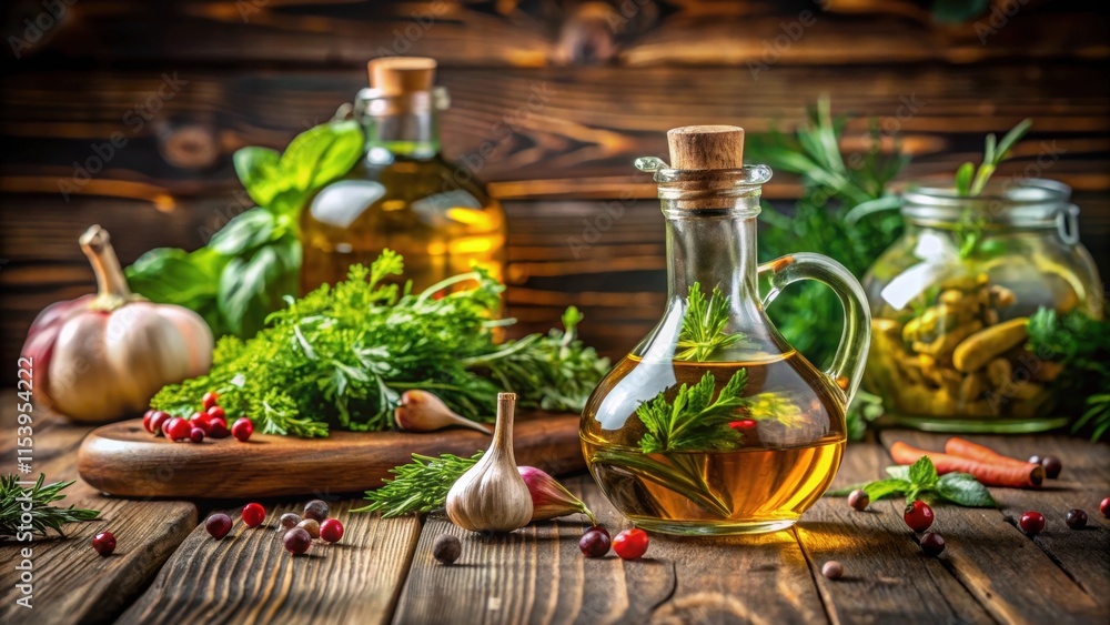 Freshly distilled oil with mixed herbs on a wooden table, plant-based Freshly distilled oil with mixed herbs on a wooden table, plant-based