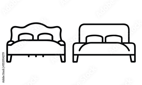 Line Art Bed Designs with Pillows, Black and white line art illustration of two bed designs with pillows, featuring minimalist and elegant styles for bedroom furniture.

