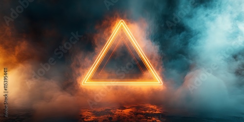 A floating triangular prism with glowing neon edges suspended in a foggy digital atmosphere. photo