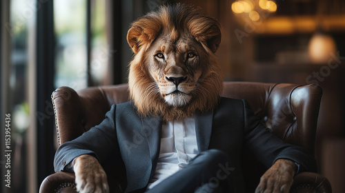 Lion businessman in a suit, sitting in a chair, copy space, ambitious corporate employee, company leadership motivation, job. photo