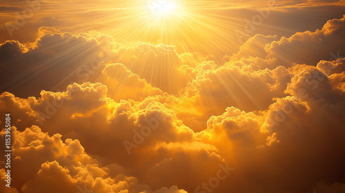 Fototapeta Naklejka Na Ścianę i Meble -  Sun rays on yellow sky with clouds. bright summer sunshine or sunlight burst explosion effect wallpaper, nature beam flare backdrop or background, shiny glow poster, heaven, radial, energy.