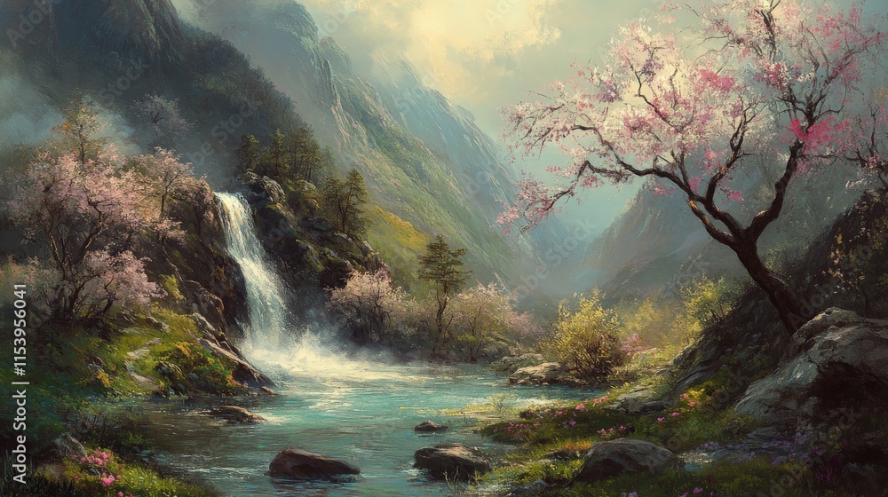 Serene Spring Cascade Through Lush Greenery Serene Spring Cascade Through Lush Greenery