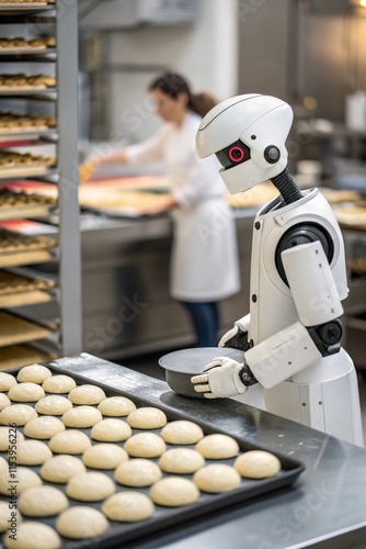 A ai robot working in a bakery shop 