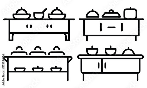 Minimalist Kitchen Furniture and Utensils Line Art, Black and white line art illustration of kitchen furniture with countertops, cabinets, and utensils, emphasizing simplicity and functionality.
